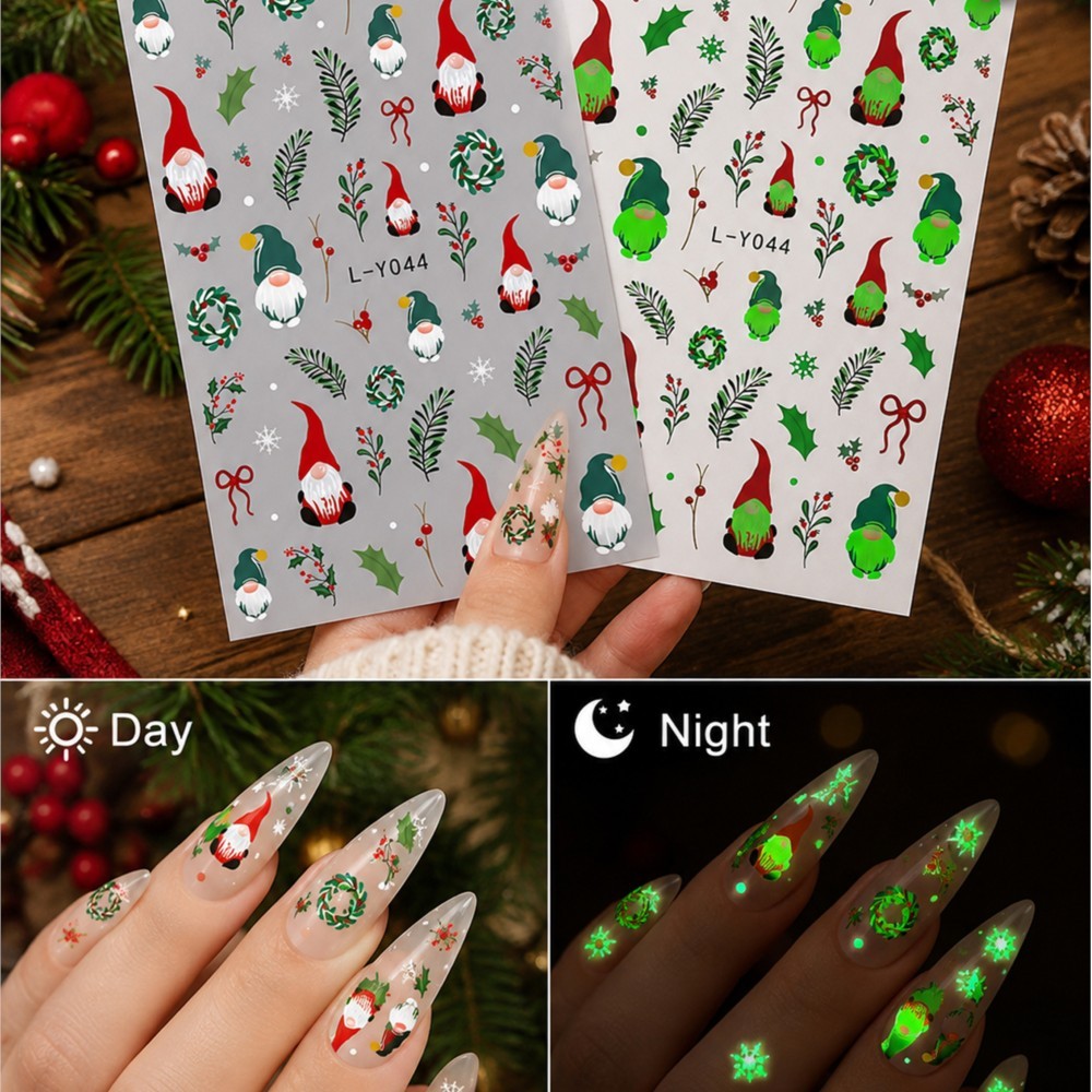 Nail Art Xmas Stickers - 2Pcs Christmas Glow‑in‑the‑Dark Nail Decals Cute